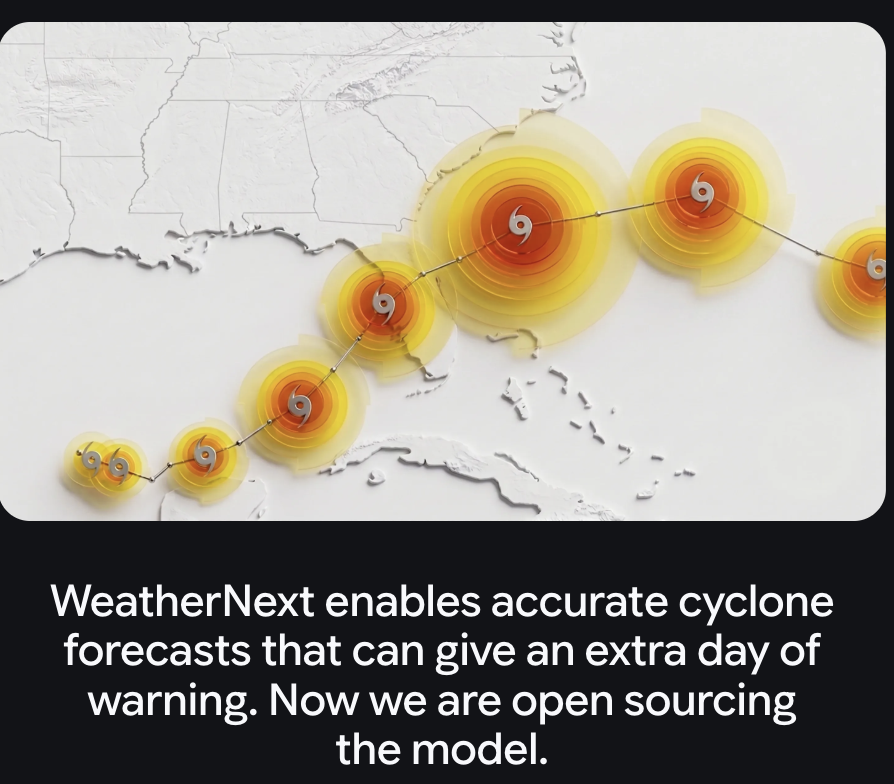trajektoriePL's tweet photo. Some genuinely great and positive AI news that might easily get lost in the sea of sensational doom-scrolling:

Google Deepmind researchers: "We have achieved a historic breakthrough by gaining more than a full day of lead time for predicting cyclones — delivering an advance equivalent to a decade of meteorological progress."

While the media loves panic, life-saving tech breakthroughs like this are quietly moving the world forward.