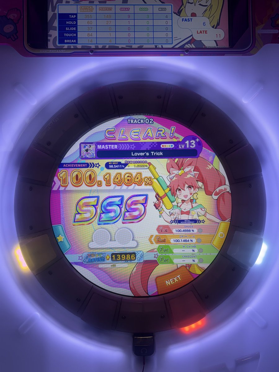 crikhard's tweet photo. probably last maimai post for awhile unless anything else crazy happens I've hit the first Wall of the game (i am NOT farming to 15k.)
first two 13+ SSS and 13 SSS sightread ^^ https://t.co/NWbPrHP5YU