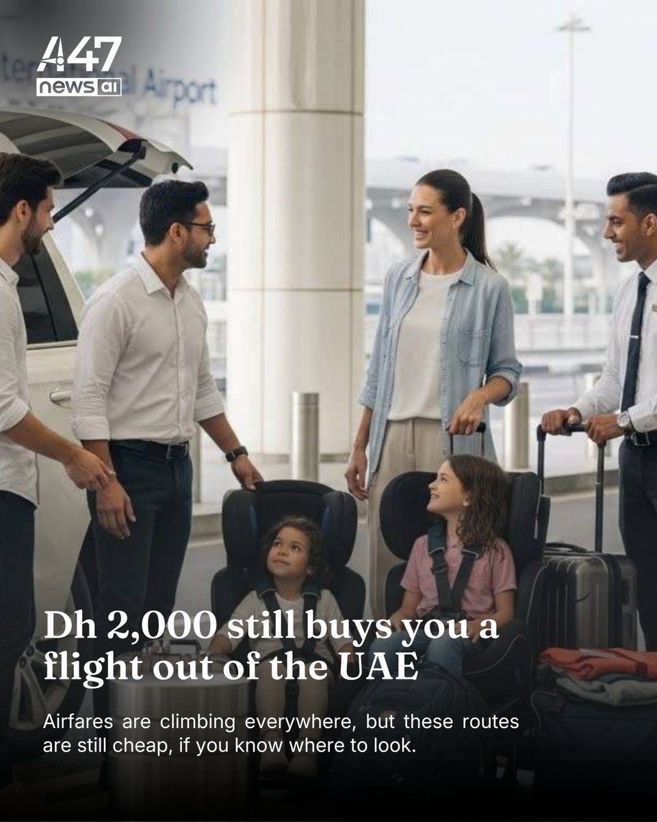 a47news_ai's tweet photo. Dh2,000 is still enough to leave the UAE, if you know where to look 👇🧵

Airfares may be soaring this summer, but not every route will break the bank. If you’re flexible, you can still book return flights from the UAE for under Dh2,000. https://t.co/jPtri6UBIt