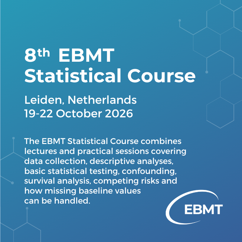 TheEBMT's tweet photo. 📣 Master survival analysis and join a practical four-day course to build your statistical skills with expert guidance, specially designed for clinicians and data managers. 🐦 Early Bird rate available until 10 August.

🗓️ 19–22 October
📍 Leiden, Netherlands

Spots are limited, book yours today➡️ https://t.co/OEj8FRrkHt

#survivalanalysis #datacollection #statistics #educationalcourse