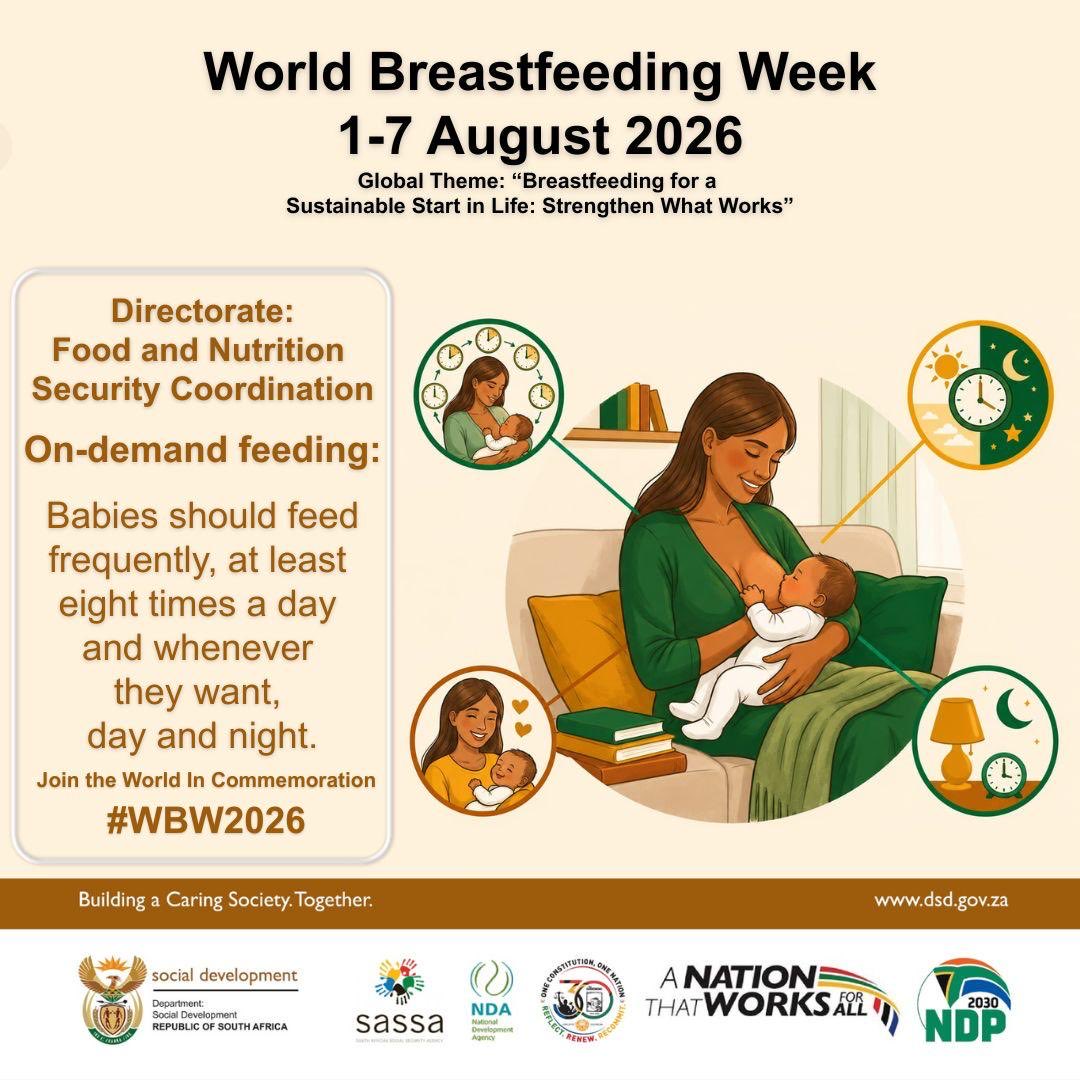 OfficialSASSA's tweet photo. World Breastfeeding Week | 1–7 August 2026
Breastfeed on demand, day and night. Every feed supports your baby’s healthy growth and development.
#SASSA20
#SASSACARES
#WBW2026 https://t.co/1D8unh8b1p