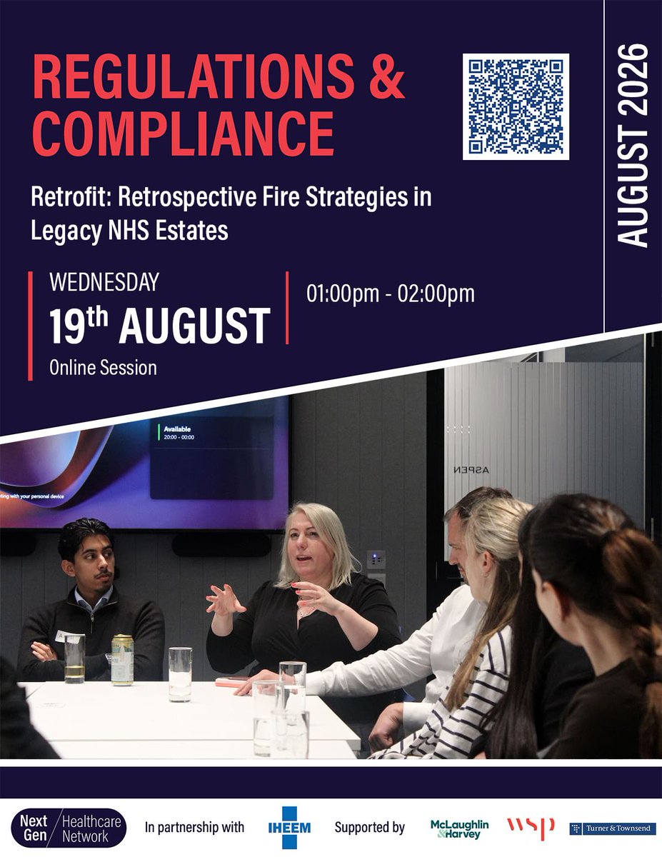 IHEEM's tweet photo. Join the NextGen Healthcare Network's Regulations &amp; Compliance Working Group for Session 12 – Retrofit: Retrospective Fire Strategies in Legacy NHS Estates.
Taking place online on Wednesday, 19th August 2026, from 1:00 PM to 2:00 PM.
Register at: https://t.co/o1MyNxRoNA https://t.co/GCLf15ZfcJ