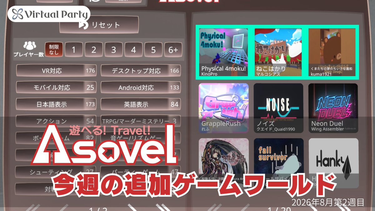 virtualparty_co's tweet photo. #Asovel 登録ゲームワールド追加のお知らせです!
7月第4週、今週は以下のゲームワールドが追加されました!
◽️くまたちの家のちいさな違和感【Bearly Strange】
◽️ねこはかり
◽️Physical 4mokuǃ
Asovelについて詳しくはこちら
https://t.co/OOgYh8065N
#VRChat_world紹介 https://t.co/OBHLkcUOZA