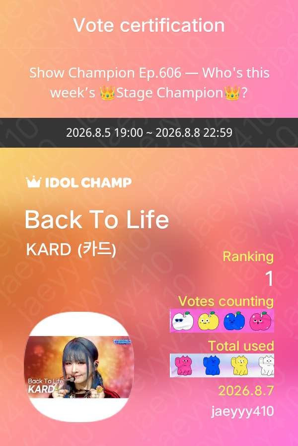 shine28lou's tweet photo. IDOLCHAMP 아이돌챔프
Back To Life KARD (카드) 투표 완료🗳️
https://t.co/LRq0hOduKF #카드 #KARD https://t.co/Fz7wjaIpxh