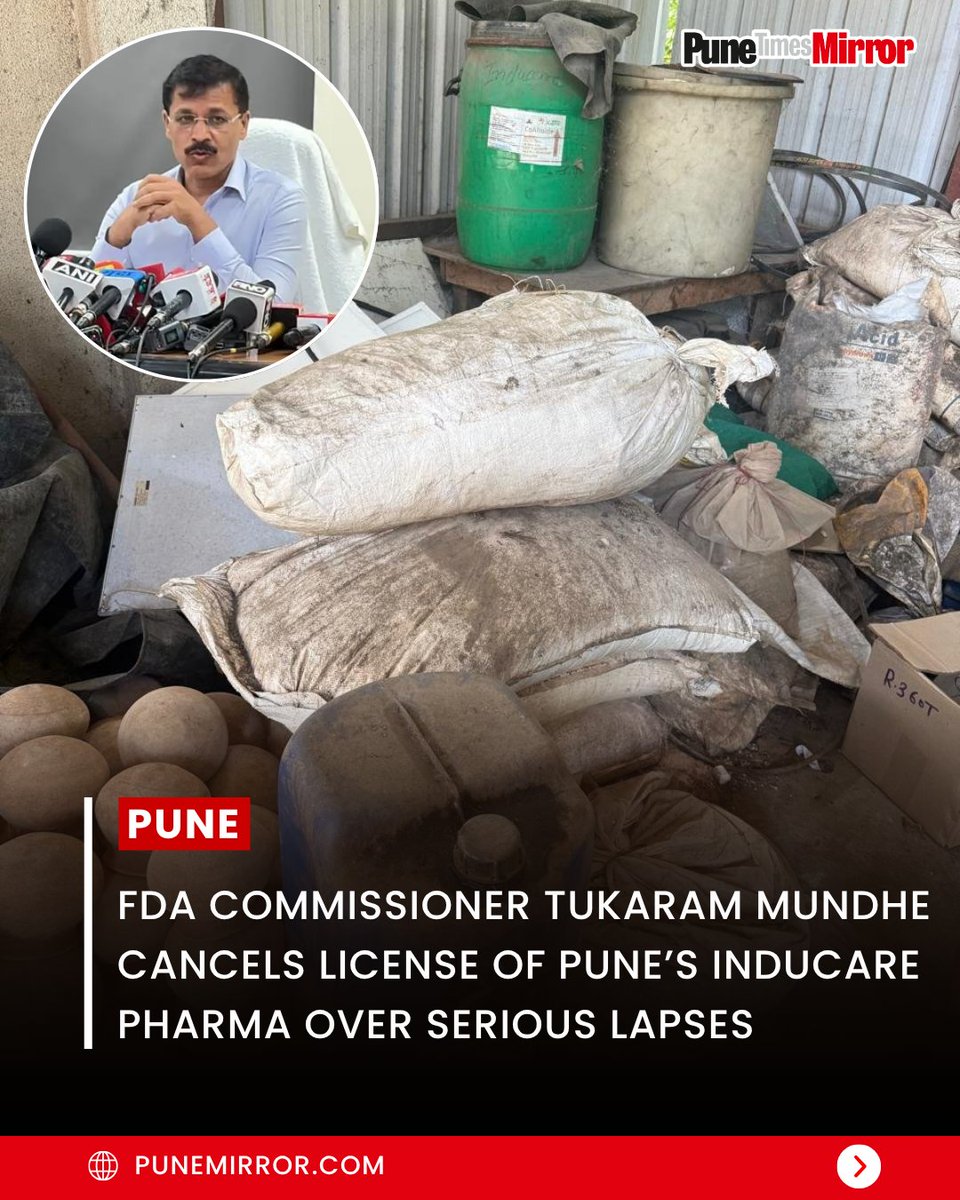 ThePuneMirror's tweet photo. Under the direction of FDA Commissioner Tukaram Mundhe, the Food and Drug Administration has permanently cancelled the manufacturing license of Pune-based Inducare Pharma Pvt. Ltd. The action follows inspections revealing unhygienic manufacturing conditions, failure to maintain standard operating protocols, and laboratory reports confirming insect contamination and fungal growth across six key Ayurvedic formulations.

#TukaramMundhe #FDAMaharashtra #PuneNews #InducarePharma #PublicHealth