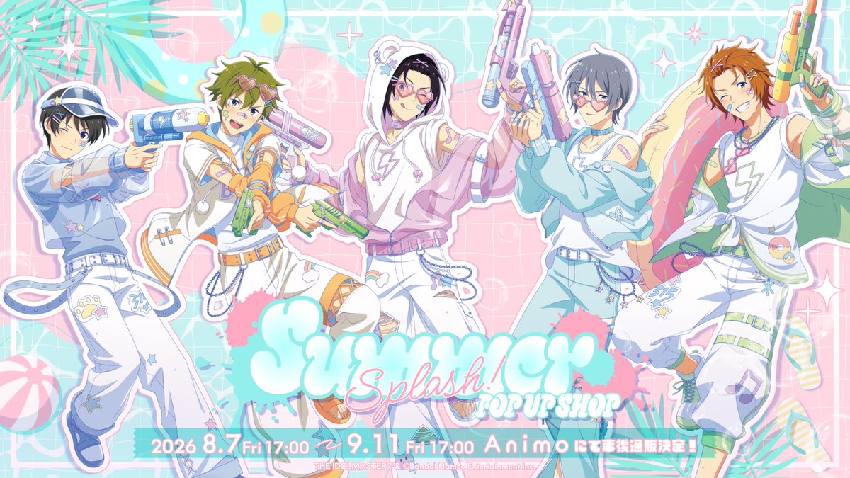 Animo_official_'s tweet photo. ✩┈┈┈┈꒰ა事後通販開始໒꒱┈┈┈┈✩
・ﾟ・。アイドルマスター SideM｡・ﾟ・
🐚𓇼°₊𝚂𝚄𝙼𝙼𝙴𝚁 𝚂𝙿𝙻𝙰𝚂𝙷！𝙿𝙾𝙿 𝚄𝙿 𝚂𝙷𝙾𝙿₊°𓇼⛱
✩┈┈┈┈┈┈┈┈┈┈┈┈┈┈┈┈┈✩

High×Jokerの5人がパステルカラーの衣装に身を包み、楽しく水遊びをしながらはしゃいでいる5人の姿は必見です！🔫✨
また、Beit、Wも加わった7名のアイドルたちのサマータイムなグッズも多数登場！🍹🌴
この機会をお見逃しなく！

【受付期間】
2026年8月7日（金）17:00~9月11日（金）17:00

▼Animo通販ページはこちらから🛒♪
https://t.co/0kjTiHbGaC

#SideM 
#idolmaster