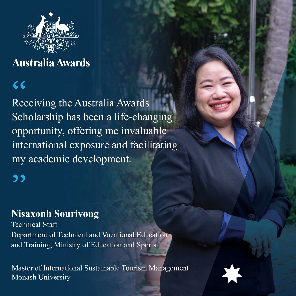 AusAmbLaos's tweet photo. 🇦🇺🇱🇦Meet @AustraliaAwards alumna Nisaxonh Sourivong, helping shape Laos’ future workforce. With a Master’s in Sustainable Tourism Management from @MonashUni, she supports TVET and promotes sustainable tourism, digital skills & practical training. #AustraliaAwards #Laos https://t.co/sDB2II6c1w