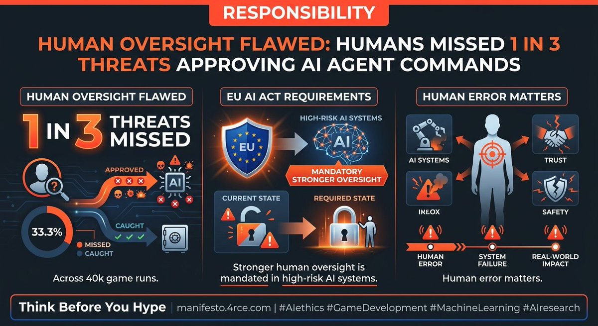 4rcecom's tweet photo. Humans missed 1 in 3 threats approving AI commands. That’s not…

Manifesto: Responsibility — https://t.co/Jvd7y4dqi2

Source: https://t.co/hGWrHlrl1k — https://t.co/C3qOmDKF1l

#AIethics #GameDevelopment #MachineLearning #AIresearch https://t.co/Cmb4JdLLMz