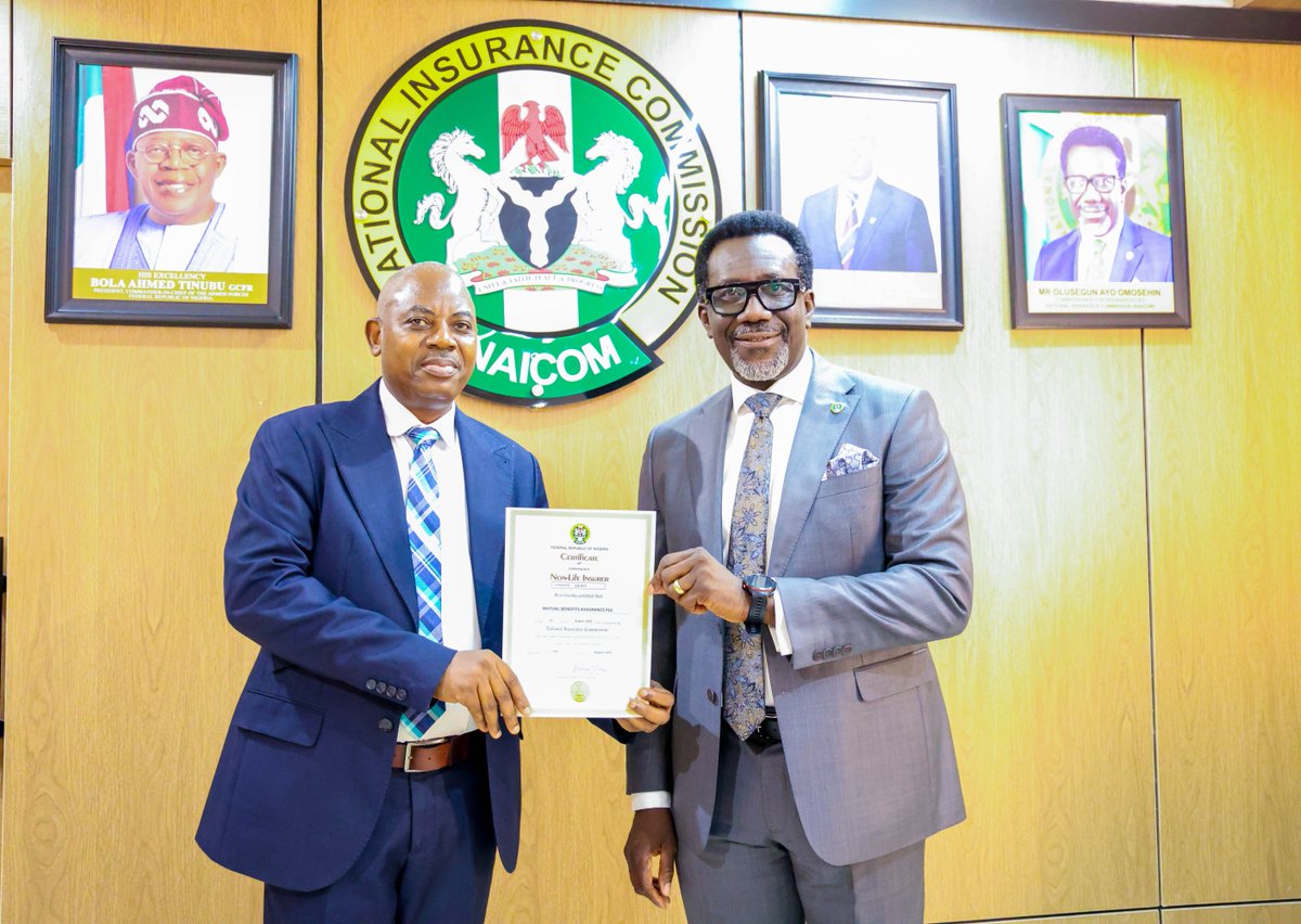 MutualPlc's tweet photo. Our ED (Technical), Joseph Oladokun, receives the renewed licence certificate for Mutual Benefits Assurance Plc from the Commissioner for Insurance/CEO, NAICOM, Olusegun Omosehin, following the insurance recapitalisation exercise.
#MutualBenefits #Recapitalisation #NAICOM https://t.co/9m6F5O822x