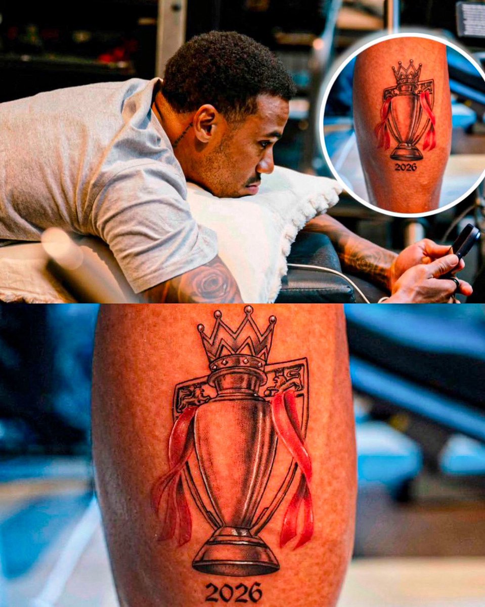 MCeloKentucky's tweet photo. Gabriel Magalhaes with a new tattoo showing the Premier League Cup for the Upcoming 2026/27 Campaign... Hopefully I am gonna get mine done whenever I want 🔥I love this😍#AFC https://t.co/8gsDEGV79N