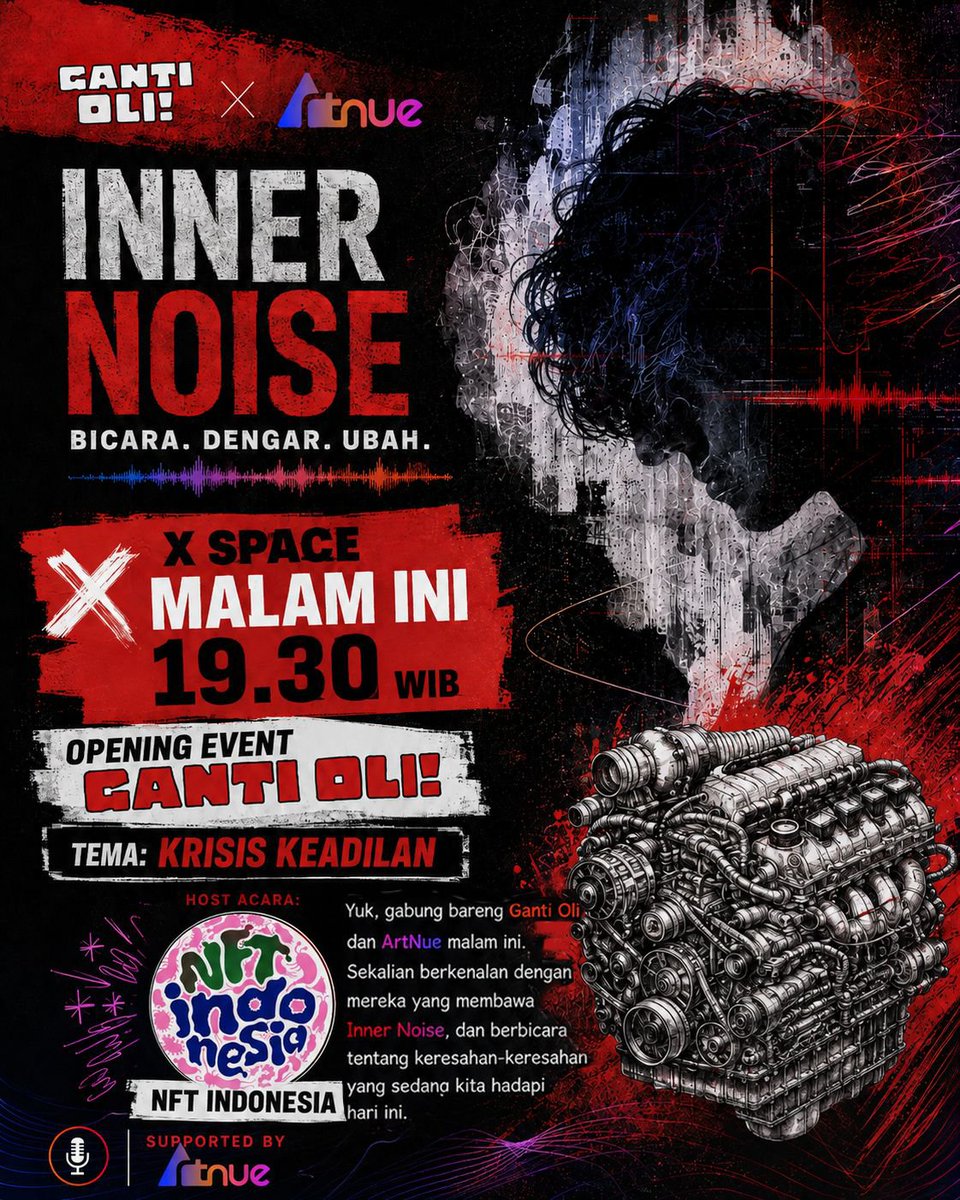 NFTindonesia_'s tweet photo. Gm

Hola, akhirnya space an lagi!  Lama gak ktmu, gak denger, gak space an, yuks space an lagi nanti malam 🙂☕ 

Ada teman" dari @artnuestudio yang akan present acara mereka Ganti Oli, sampe ktemu! 

Krisis Keadilan | Bicara Pake Karya | Ganti Oli  https://t.co/Qn4N7iQZVL https://t.co/Xz1HjS3hgB