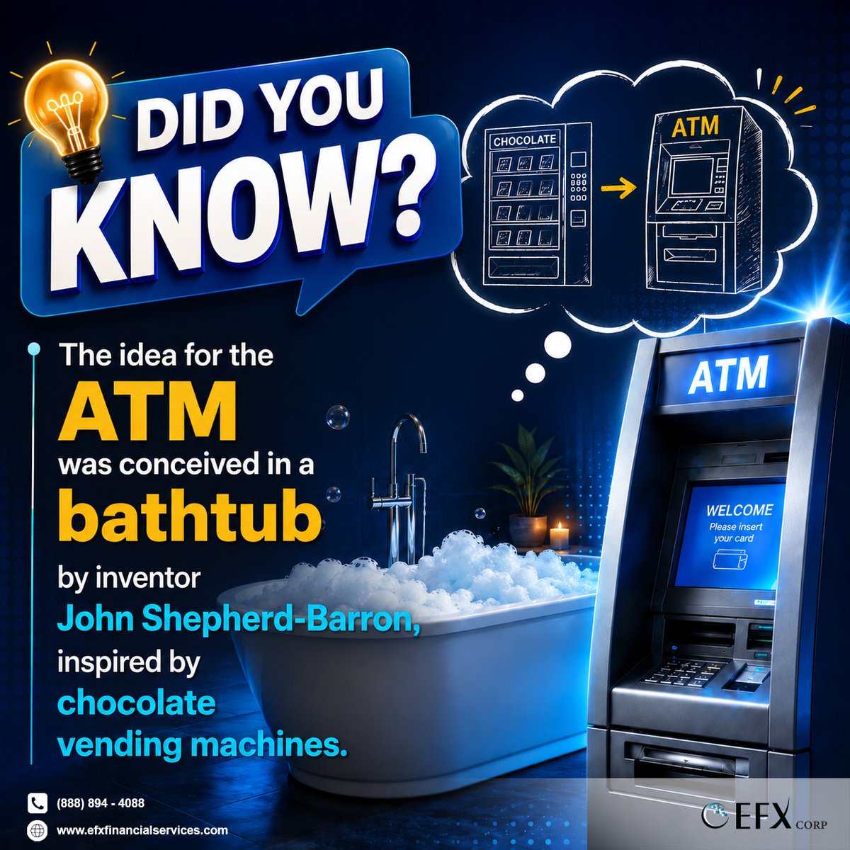 EFXFS_us's tweet photo. Do you know what "ATM" actually stands for? Drop your answer in the comments below. 👇

Follow us for more interesting facts from the world of fintech.

#DidYouKnow #FunFact #ATM #FintechFacts #PaymentsHistory #EFXFinancialServices #EFXFS https://t.co/bscDb23iDx