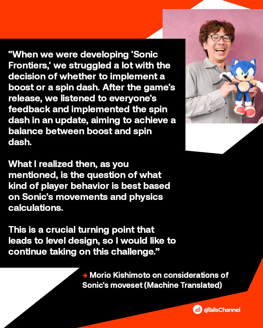 TailsChannel's tweet photo. New: In a recent Q&A column published on Sonic Channel, #SonicFrontiers director Morio Kishimoto received a question regarding Sonic Adventure gameplay and whether future games would reconsider its implementation.

Without confirming details, he reiterates that addressing the challenge of selecting Sonic's moveset is something he would like to continue, while striving for an evolution of Sonic Frontiers that he hopes will meet and surpass fan expectations.

#SonicNews