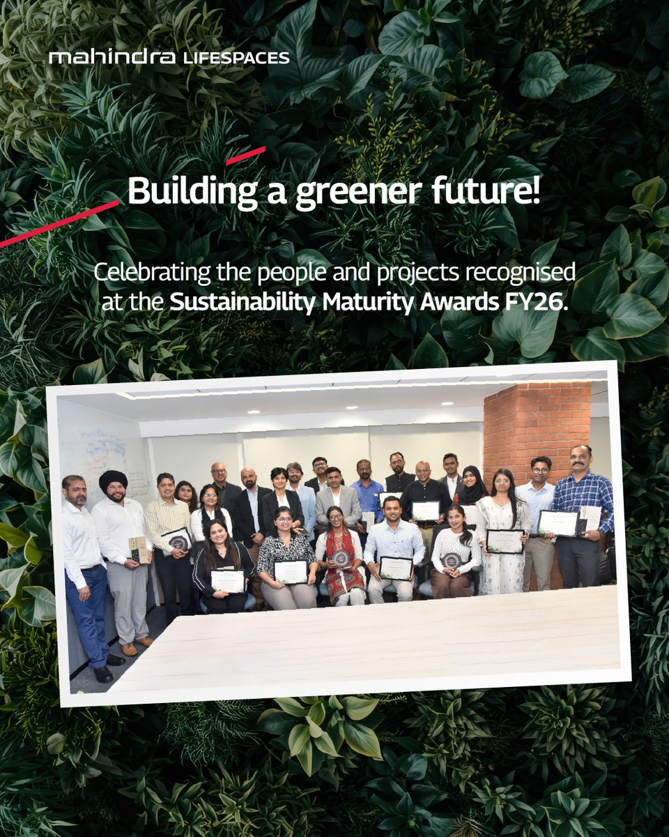life_spaces's tweet photo. Sustainability is built through countless decisions, shared responsibility, and the collective efforts of our teams.

At the Sustainability Maturity Awards FY26, we reflected on the progress we've made over the past year, from strengthening governance and data-led decision-making to advancing renewable energy adoption. We also took our teams through the Sustainability Maturity Assessment, reinforcing our continued focus on driving meaningful progress across every stage of our sustainability journey.
During the event, our Managing Director & CEO, Amit Kumar Sinha, along with our leaders, shared their perspectives on driving sustainable growth. We also recognised the individuals, teams and projects whose contributions continue to raise the benchmark for sustainability across our spaces.

Congratulations to all our winners!
#MahindraLifespaces #HomeOfPositiveEnergy #SustainabilityMaturityAwards