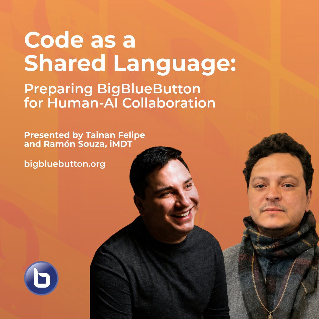 bigbluebutton's tweet photo. What does it take to build software alongside AI agents — on a codebase that's evolved for over a decade?

Core developers Tainan Felipe and Ramón Souza of iMDT share honest lessons in "Code as a Shared Language: Preparing BigBlueButton for Human-AI Collaboration" — how to move faster with AI without sacrificing quality.

Watch the full session 🔗 https://t.co/tw9JpIG173

#BigBlueButton #BBBWorld2026 #EdTech #OpenSource #VirtualClassroom