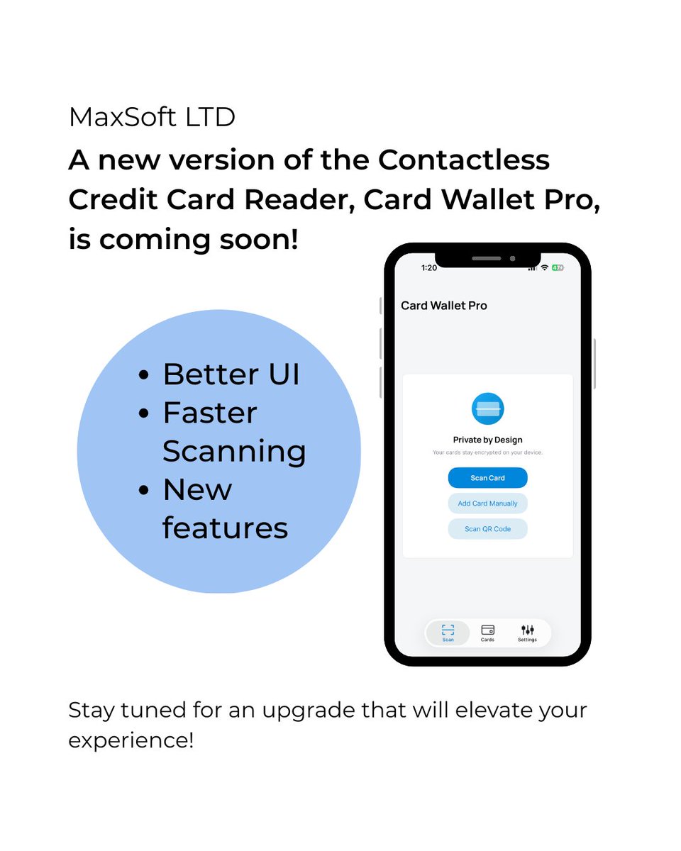 Maxsoftbg's tweet photo. A smarter way to manage your cards is coming soon. 💳

Meet Card Wallet Pro, the new version of Contactless Credit Card Reader, redesigned to make scanning and sharing selected card information faster and easier.

What’s new?
✓ A cleaner, improved interface
✓ Faster card scanning
✓ QR codes for convenient data transfer
✓ Secure links for sharing selected information
Stay tuned for the official release!

#CardWalletPro #ᴄᴏᴍɪɴɢsᴏᴏɴ #appupdate #fintechapp #mobileapp #nfc #cardscanner #techupdate #maxsoft #financegoals #personalfinance