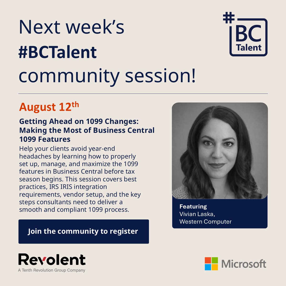 revolentgroup's tweet photo. While Business Central can support the creation and transmission of 1099s, effective delivery depends on getting the setup, vendor data, and processes right.
Join the #BCTalent community to access our August 12 session with Vivian Laska, Western Computer.

https://t.co/Sp7WcZfOtR https://t.co/jOZxvA7dOS