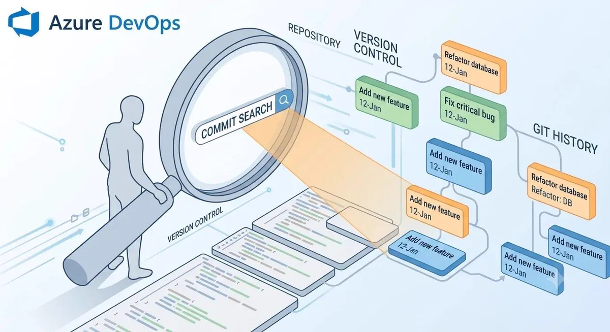 Person holding a magnifying glass labeled "COMMIT SEARCH" scanning code files that lead to a branching Git history with colored commit boxes ("Add new feature", "Fix critical bug", "Refactor database"), illustrating Azure DevOps commit search and version-control workflow.