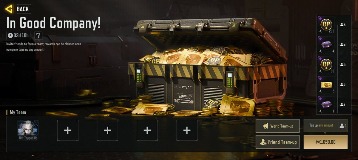 ubiaru101's tweet photo. @PlayCODMobile @HonkaiImpact3rd If I add 4 friends to this event and each friend tops up any amount—for example, 80 COD Points—I can earn up to 280 Limited COD Points. Added to the 340 COD Points, that gives me a total of 700 COD Points for the first week.

My UID is 7415056056648138753
Add me to the your team https://t.co/HqZ8k9I0hW