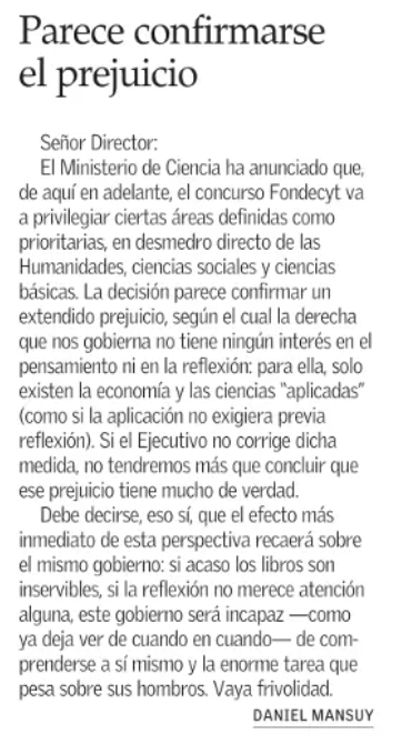 ieschile's tweet photo. Nuestro investigador senior Daniel Mansuy, en carta a El Mercurio, critica la decisión del Ministerio de Cencias de priorizar para el Fondecyt ciertas áreas en desmedro de las ciencias básicas y de las humanidades y ciencias sociales. https://t.co/d0hMz5emAE