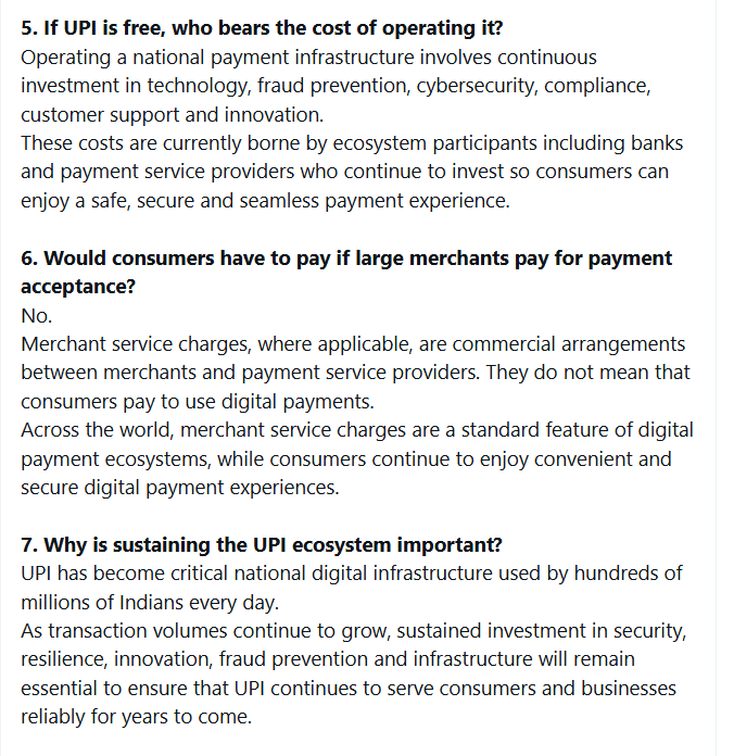 ANI's tweet photo. Payments Council of India: "UPI will continue to remain free for consumers, and small merchants will not be charged for accepting digital payments."

"Banks, fintech companies, NPCI, and the RBI have been investing in technology, cybersecurity, fraud prevention, and innovation to maintain UPI’s reliability. Any merchant service charges, where applicable, would be commercial arrangements between merchants and payment providers and would not mean consumers have to pay for using UPI."