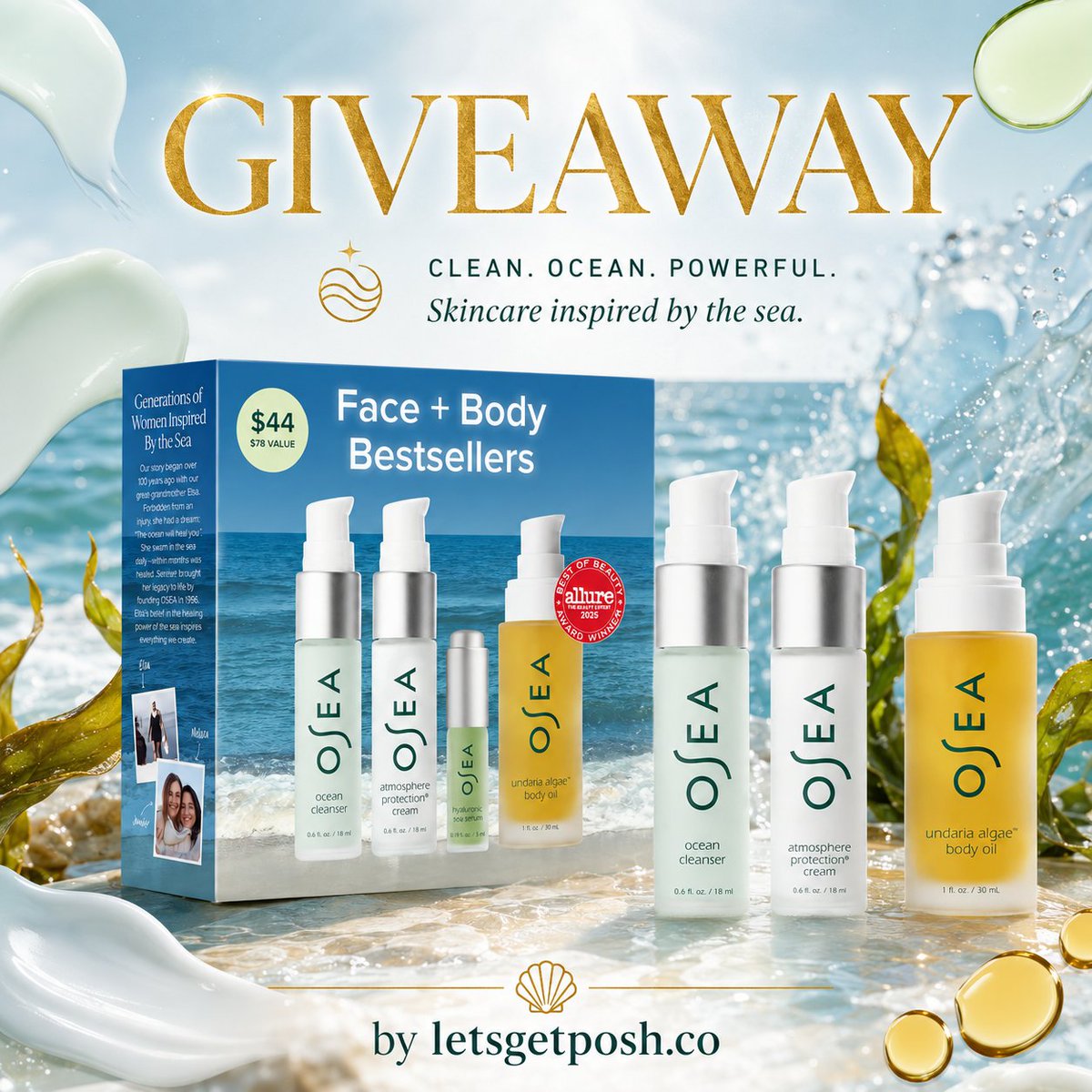 letsgetposh_co's tweet photo. 🌊✨ Win the OSEA Face + Body Bestsellers Set ✨🌊

Bring the glow of the sea to your skincare routine with this luxurious 4-piece collection of OSEA bestsellers. Featuring a complete mini facial ritual plus the award-winning Undaria Algae Body Oil, this travel-friendly set is designed to cleanse, deeply hydrate, moisturize and leave your skin looking radiant from head to toe.

One lucky winner will receive:

🌊 Ocean Cleanser, 0.6 oz
A seaweed-infused gel cleanser with lactic acid that gently removes impurities, exfoliates and delivers mineral-rich hydration.

💧 Hyaluronic Sea Serum, 0.2 oz
A high-performance hydrating serum powered by hyaluronic acid and seaweed to visibly plump, soften and smooth the appearance of lines.

☁️ Atmosphere Protection Cream, 0.6 oz
A lightweight, seaweed-powered moisturizer that helps protect the skin from environmental pollutants while supporting a healthy-looking, radiant complexion.

✨ Undaria Algae Body Oil, 1 oz
OSEA’s award-winning body oil deeply moisturizes while helping skin look firmer, smoother and more supple with a beautiful full-body glow.

Perfect for travel, gifting or discovering a new seaweed-powered skincare ritual.

Enter now for your chance to cleanse, hydrate and glow with OSEA! 🌊

🌎 Open Worldwide
✨ Link in Bio to Enter ✨

#OSEA #SkincareGiveaway #CleanBeauty #GlowingSkin #BeautyGiveaway

https://t.co/ZdrvqnyJKI