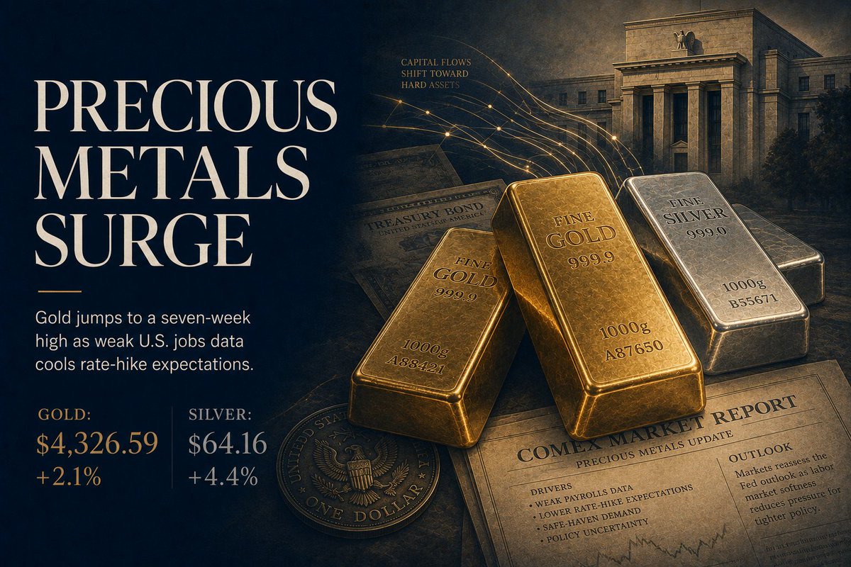 samuelteach's tweet photo. 🟡⚪ PRECIOUS METALS SURGE

🔥 Gold: $4,326.59 (+2.1%)
⚪ Silver: $64.16 (+4.4%)
Weak NFP → softer rate expectations → precious metals surge.

#Gold #Silver #XAUUSD #XAGUSD #COMEX https://t.co/IvFLtEIMR5