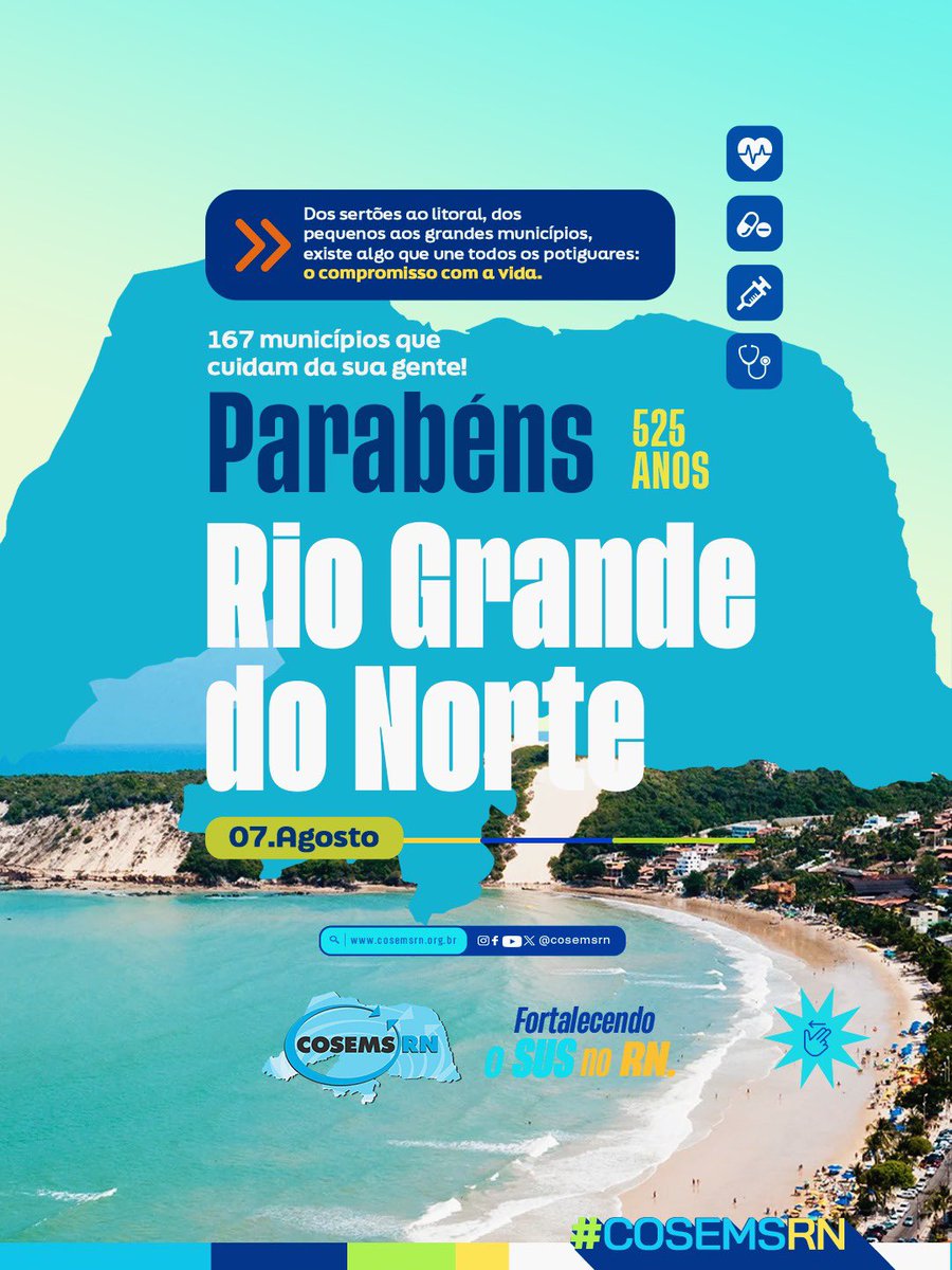 Cosems_RN's tweet photo. 07 DE AGOSTO - DIA DO RIO GRANDE DO NORTE 🗓️✅São 525 anos de história, de força e de tradição! 

#FortalecendoOSUSNoRN https://t.co/kNhpl9VUER