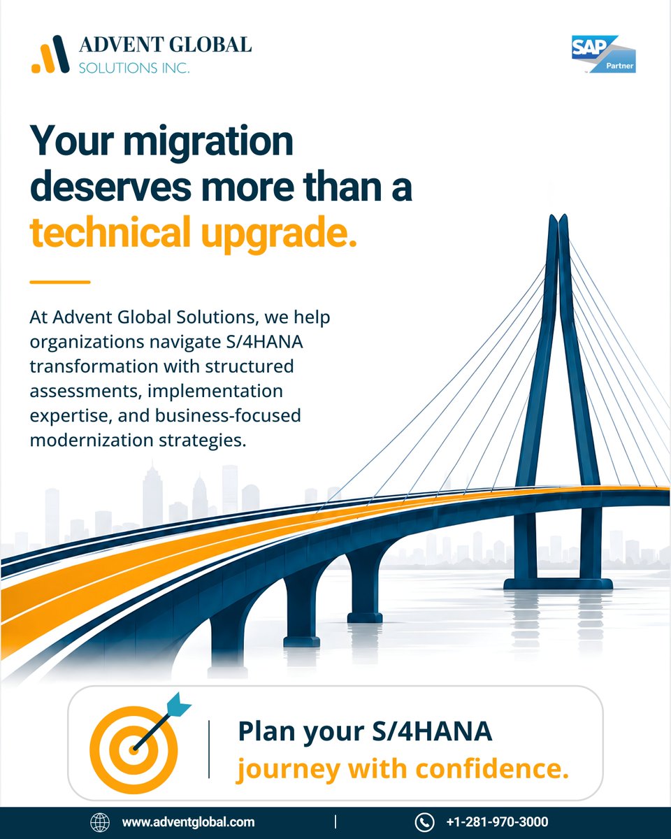 Advent_Global's tweet photo. The fastest S/4HANA migrations aren't always the most successful.

The most successful ones are the best prepared.

With deep SAP expertise, Advent Global Solutions helps organizations assess complexity, mitigate migration risks, and execute S/4HANA transformations that are aligned with business objectives.

Ready to modernize your SAP landscape? Contact our team to start with a comprehensive S/4HANA assessment.

#SAP #ERP #BusinessTransformation #S4HANA #EnterpriseApplications #AdventGlobalSolutions