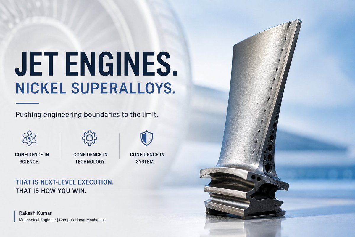 DotRakesh's tweet photo. Jet engines never stop amazing me.

Nickel-based single-crystal superalloys (γ–γ′ microstructure) have melting temperatures around 1300–1600°C, yet turbine inlet temperatures can approach 1800°C.

How? Not by the alloy alone - https://t.co/vCHawZHU4K