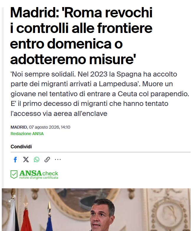 giuseppeargent3's tweet photo. Frontiere  Madrid-Italia. Il furbo Sanchez vuole aperta la frontiera con l'Italia,  in modo che i migranti entrati in Spagna possano riversarsi in Italia.  La Meloni deve respingere questa richiesta, e continuare a tenere chiusa  la frontiera. https://t.co/Oj2kglcKLG