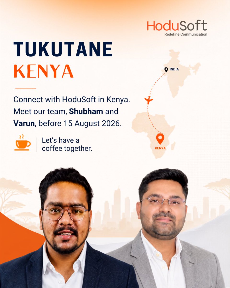 hodusoft's tweet photo. Tukutane Kenya!

Shubham and Varun are currently in Kenya and would be delighted to connect with local businesses and industry professionals.

Let’s meet over coffee, exchange ideas, and explore new opportunities together before 15 August 2026.

Reach out to schedule a meeting. https://t.co/cHL0ro5QHR