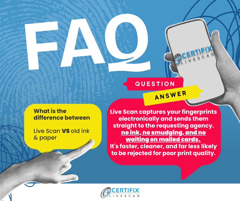 Certifix's tweet photo. What's the difference between a livescan vs. ink and paper fingerprinting?

Livescans captures your fingerprints electronically and send them directly to the requesting agency. Ink fingerprints are done manually and can smudge or get lost in the mail.

#certifixlivescan https://t.co/WTFSwc3Kwt