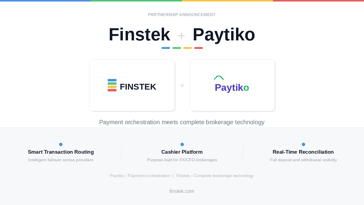 Finstek's tweet photo. Finstek x Paytiko. Advanced payment orchestration now meets a full FX/CFD broker stack. Better cashier performance for brokers who are serious about getting it right. See All Our Tech Partners.  🤝

#Finstek #Paytiko #PaymentOrchestration https://t.co/dmoiV9NsTi