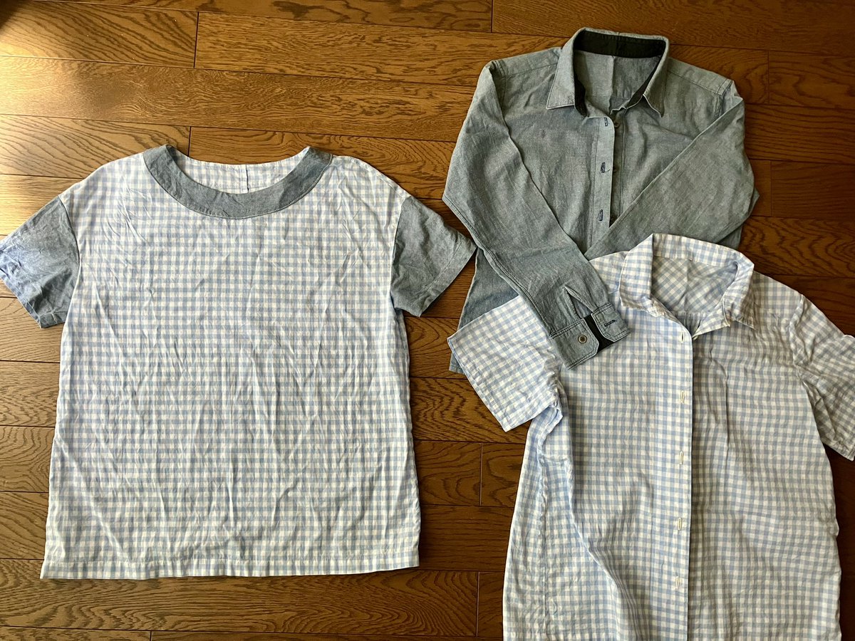 CraftuserNanana's tweet photo. 余り布がもったいなくて、シャツ1枚ひねりだして？みた。
後ろ身頃ははぎ合わせ。意外と悪くない。もう数枚縫っちゃおうかしら。 https://t.co/dzKJ01EDT1