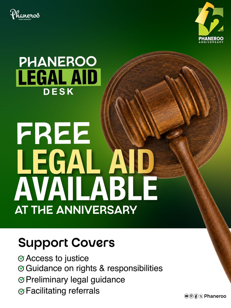 Phanerookampala's tweet photo. PHANEROO LEGAL AID DESK 🧑‍⚖️👩‍⚖️

The Phaneroo Legal Team will be offering FREE legal aid services at the Phaneroo 12th Anniversary.🎉

📌This support covers:
- Access to justice 
- Guidance on rights and responsibilities  
- Preliminary legal guidance 
- Facilitating referrals 

#PhanerooAt12 | #ANewChapter

Communications, PMI