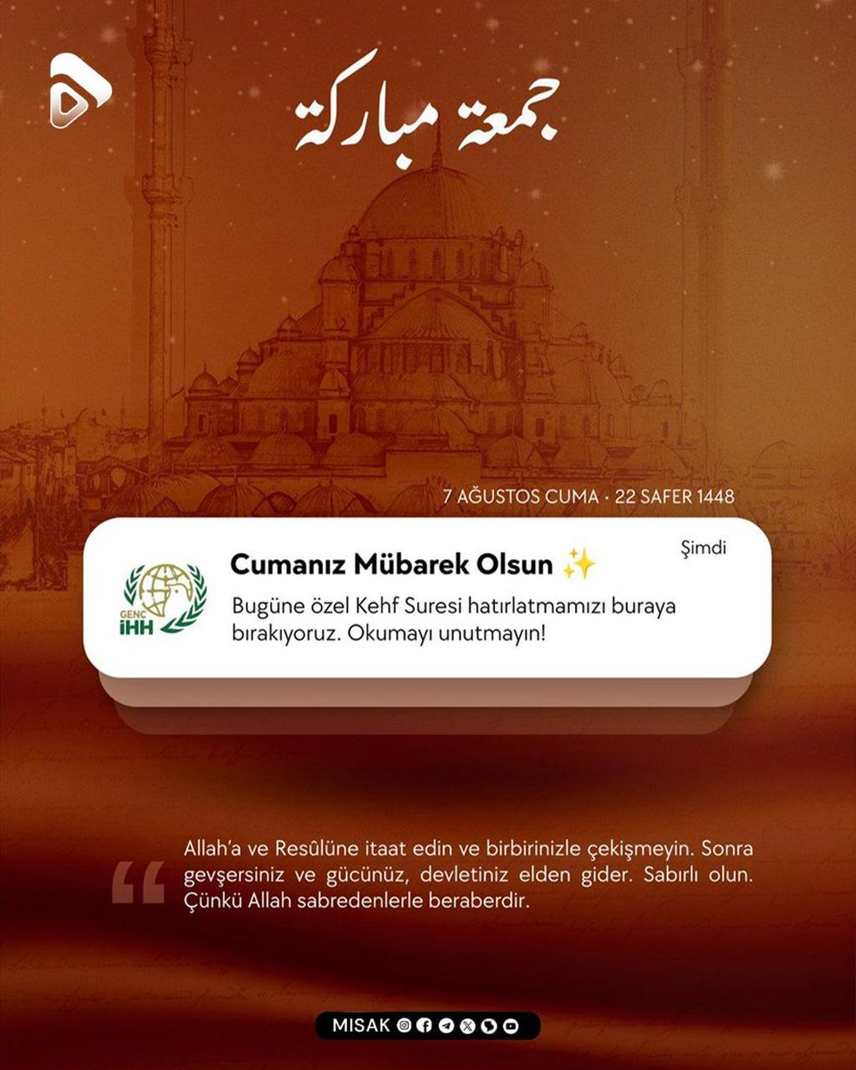 misak_tr's tweet photo. 🔰“Allah’a ve Resulüne itaat edin ve birbirinizle çekişmeyin. Sonra gevşersiniz ve gücünüz, devletiniz elden gider. Sabırlı olun. Çünkü Allah sabredenlerle beraberdir.” 

Hayırlı Cumalar 🕌

#AKSA_TUFANI

#Trabzon
#FCHVBJK
#GenelAfŞart

#MISAK https://t.co/sGm6wNksrK