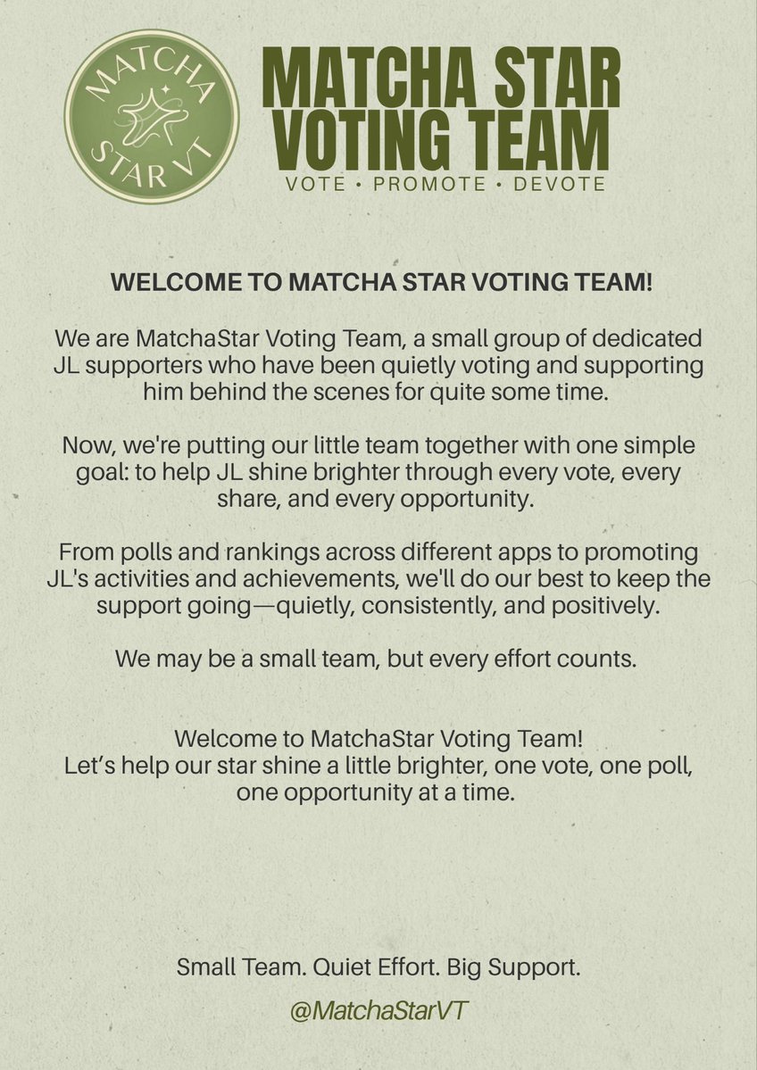 MatchaStarVT's tweet photo. A small team with one big goal:

SUPPORT JL EVERY STEP OF THE WAY!

We’re here to vote consistently, promote JL’s activities and achievements, share opportunities, and encourage more fans to join us. Every vote, share, and effort matters. ✨

#MatchaStarVT #JL #JLGaspar #AHOF_JL https://t.co/cHRaSPH0F6
