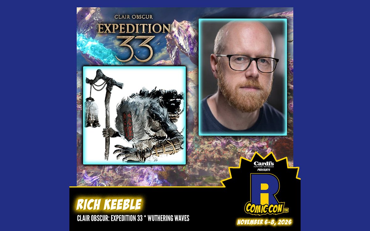 ricomiccon's tweet photo. Please welcome @richkeeble to #RICC2026 at @the_amppvd and @riconvention! Rich is known for his voice acting in video games, including Monoco and other characters in Clair Obscur: Expedition 33, Fenrico in Wuthering Waves, and Frank Fairburne in Strange Brigade.

Buy tickets now at https://t.co/u7bBwLKecu!
#Expedition33 #clairobscurexpedition33 #WutheringWaves #videogames