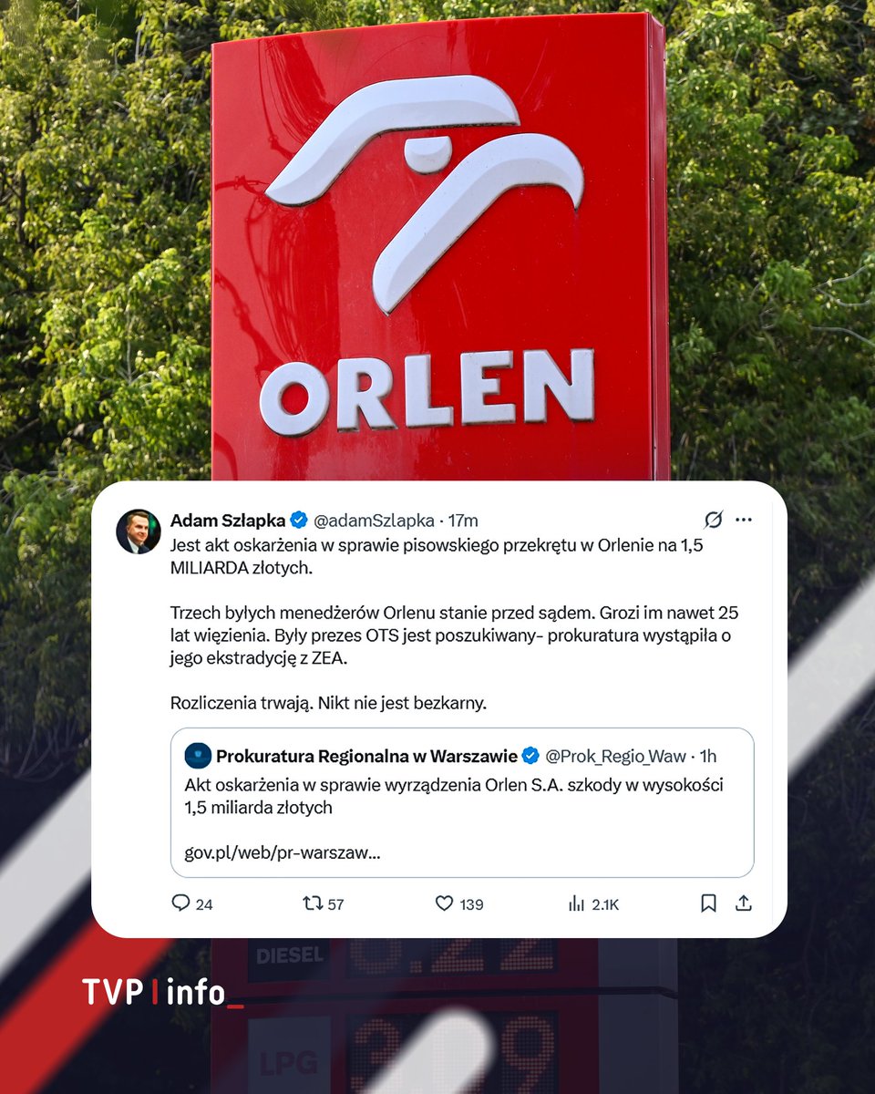 tvp_info's tweet photo. 🔵 PILNE 🔵

Prokuratura oskarżyła trzech byłych menedżerów związanych z Orlenem i Orlen Trading Switzerland. 

Według śledczych mieli nie dopełnić swoich obowiązków przy zawarciu trzech niekorzystnych kontraktów na zakup ropy. https://t.co/efR11XZ2Pb