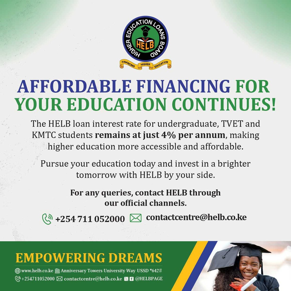 HELBpage's tweet photo. The current HELB loan interest rate for undergraduate, TVET and KMTC students remains at 4% per annum. Any claims suggesting otherwise should be supported by verified facts and official communication from HELB. https://t.co/dof6mvv2rb