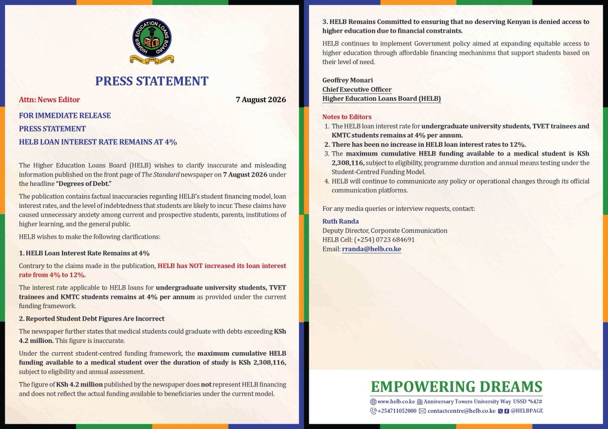 HELBpage's tweet photo. The current HELB loan interest rate for undergraduate, TVET and KMTC students remains at 4% per annum. Any claims suggesting otherwise should be supported by verified facts and official communication from HELB. https://t.co/dof6mvv2rb