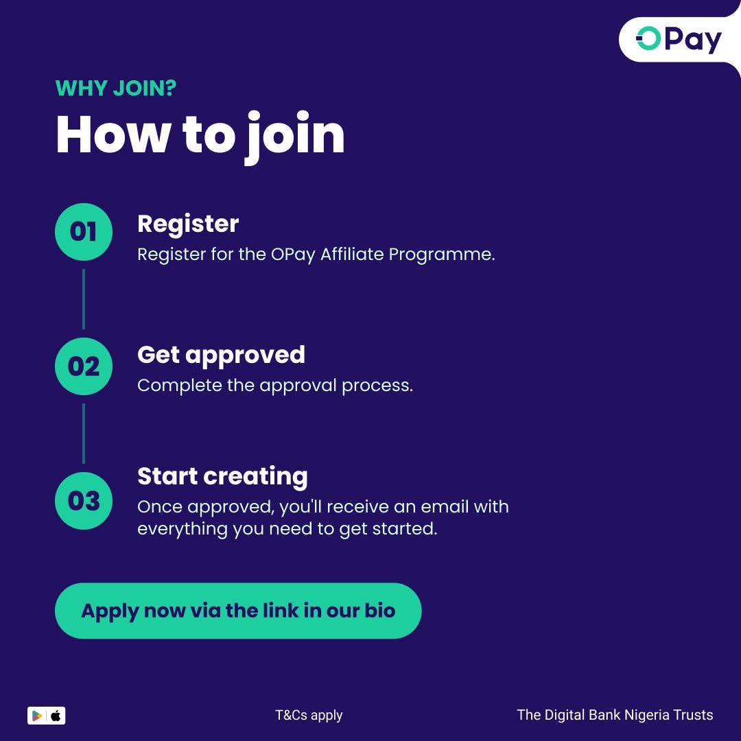 OPay_NG's tweet photo. Looking for a new way to earn? 

Applications are now open for the OPay Affiliate Programme! 

Join a growing community of OPay Affiliates and earn.

This is your opportunity to turn your network into rewards.

Tap the link to apply today.

OPayAffiliateProgramme  OPayIsOkay