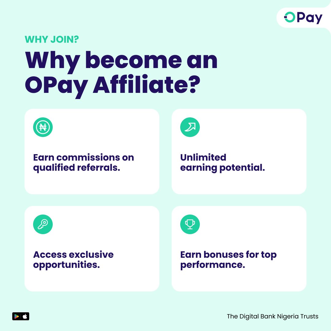 OPay_NG's tweet photo. Looking for a new way to earn? 

Applications are now open for the OPay Affiliate Programme! 

Join a growing community of OPay Affiliates and earn.

This is your opportunity to turn your network into rewards.

Tap the link to apply today.

OPayAffiliateProgramme  OPayIsOkay