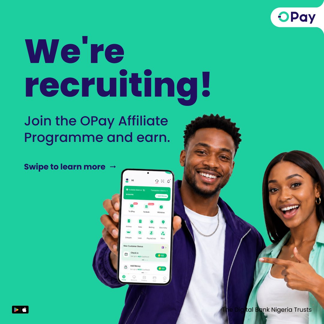OPay_NG's tweet photo. Looking for a new way to earn? 

Applications are now open for the OPay Affiliate Programme! 

Join a growing community of OPay Affiliates and earn.

This is your opportunity to turn your network into rewards.

Tap the link to apply today.

OPayAffiliateProgramme  OPayIsOkay