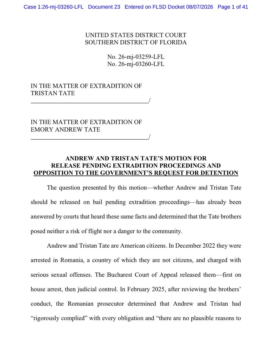 McBrideLawNYC's tweet photo. We just filed Andrew and Tristan's Motion for Release.

The British have never understood the American Spirit.

That is why we threw their tea into Boston Harbor.

No American loses his liberty for offending the English.

Not now. Not ever. 🇺🇸

God Bless Andrew and Tristan Tate. https://t.co/5K2AsNJXt7