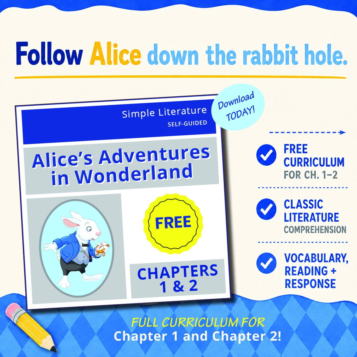 simple_lit's tweet photo. Day 6 out of 7 Days of Free Resources! 🐇📚 Step into Wonderland with free lessons for Chapters 1–2 of Alice’s Adventures in Wonderland! Find today’s freebie at https://t.co/oD4pePdFZp. https://t.co/23VzBNxqhs
