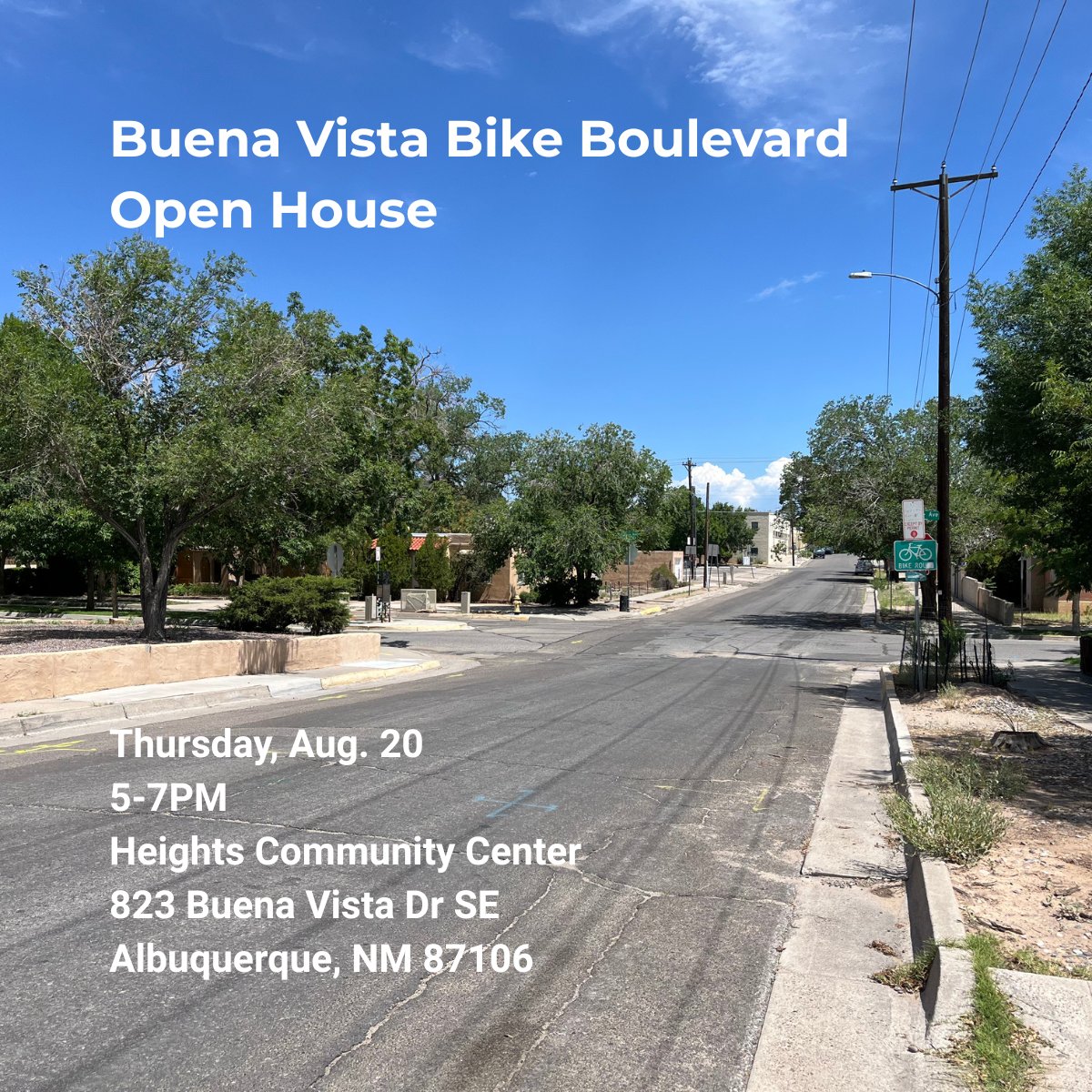 BikeABQ's tweet photo. The proposed Buena Vista Bike Boulevard is moving forward! From Gibson Blvd to Central Ave, the project will add traffic calming and three safer mid-block crossings.

Join the City for the final open house on 8/20 to see the final design and provide feedback. https://t.co/jSCxF1pAU8