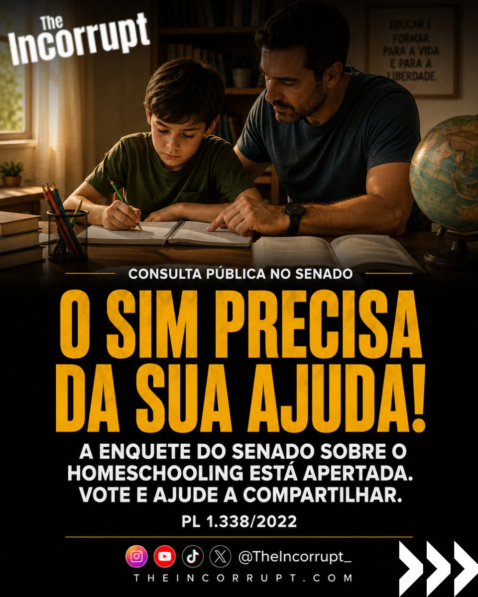 TheIncorrupt_'s tweet photo. 🗣️ATENÇÃO | O SIM PRECISA DA SUA AJUDA!

A enquete do Senado sobre o homeschooling está apertada.

Conseguimos virar esse jogo, mas precisamos de mais. 

Vote e ajude a compartilhar. 🧶 https://t.co/zhtZcU6ZFt