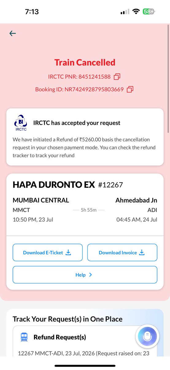 yash9321's tweet photo. I booked the train which was cancelled by the IRCTC due to weather conditions of Gujarat but i haven’t got any refund. Still it shows that refund is credited.@makemytrip @makemytripcare @IRCTCofficial @RailMinIndia @jagograhakjago https://t.co/peg9WgJC1i